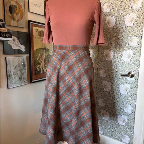 Plaid A-Line Skirt in Brown and Blue - Picture 2 of 3